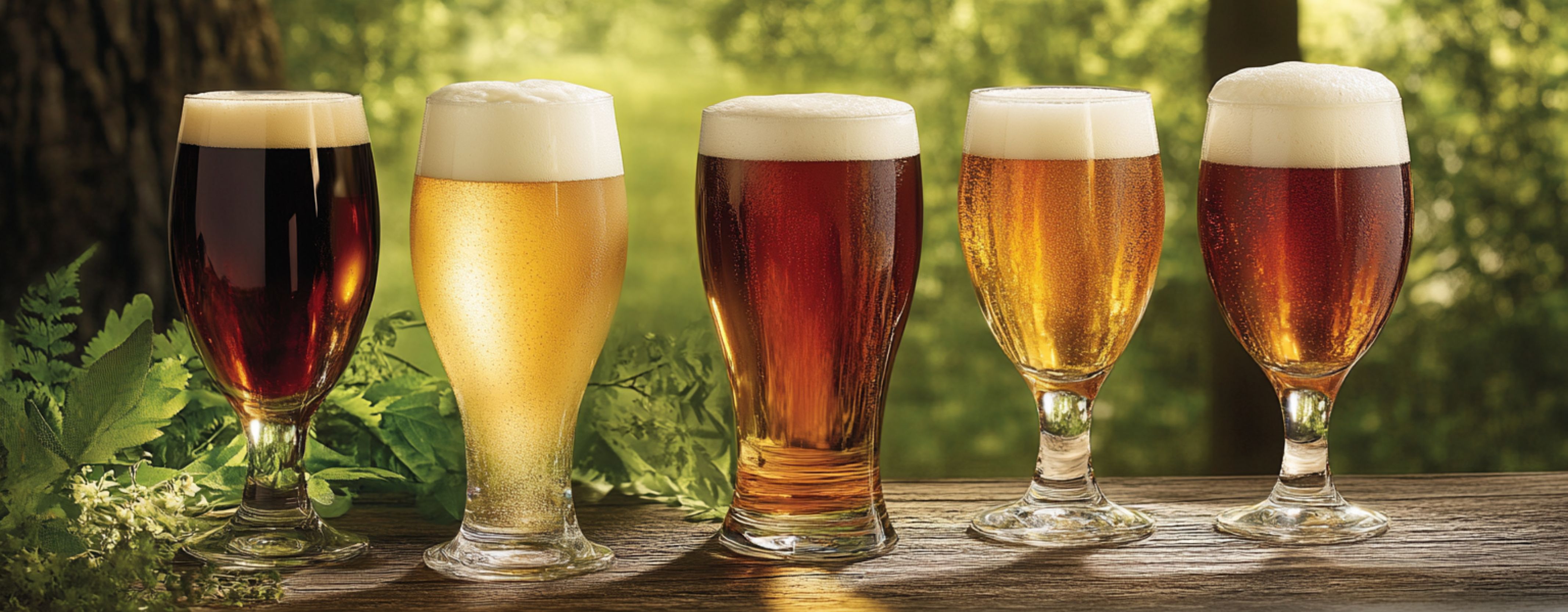 Alkoholfri øl fra Anarkist, Royal, Heineken, glas med øl hældt op, står på en træbord, sløret grøn skov baggrund