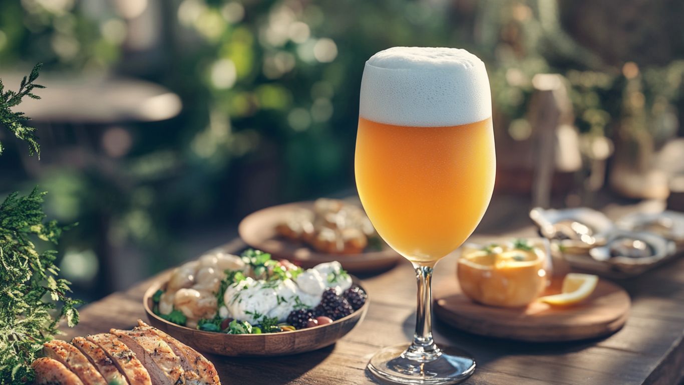 Forskellige madretter i baggrunden, Berliner weisse foran