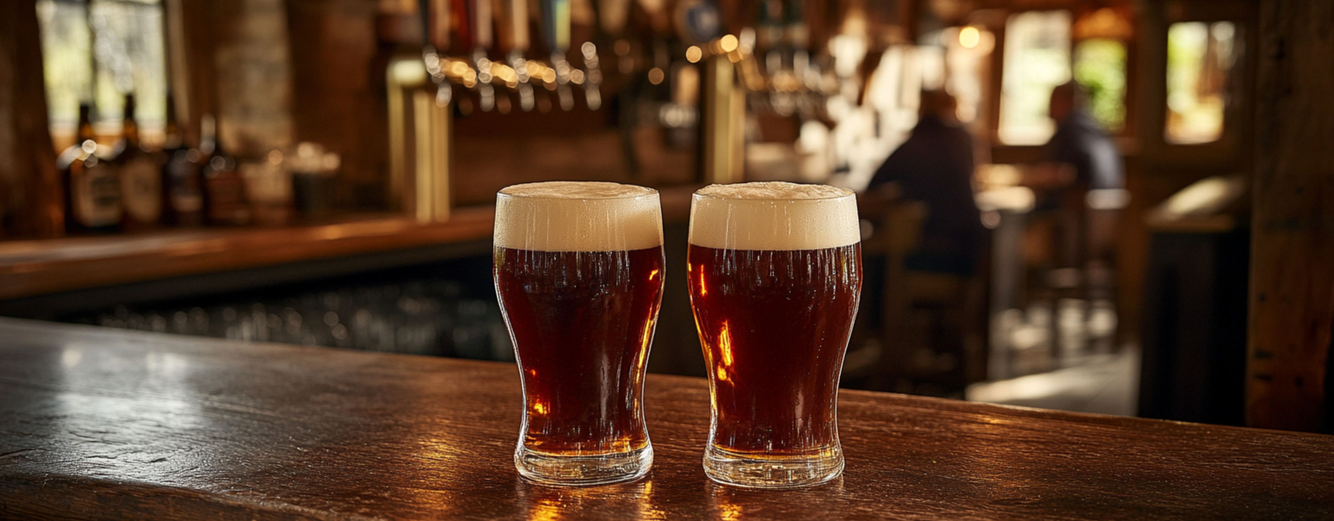 3 forskellige brown ales på dåse, i flaske, i glas, bar i baggrunden