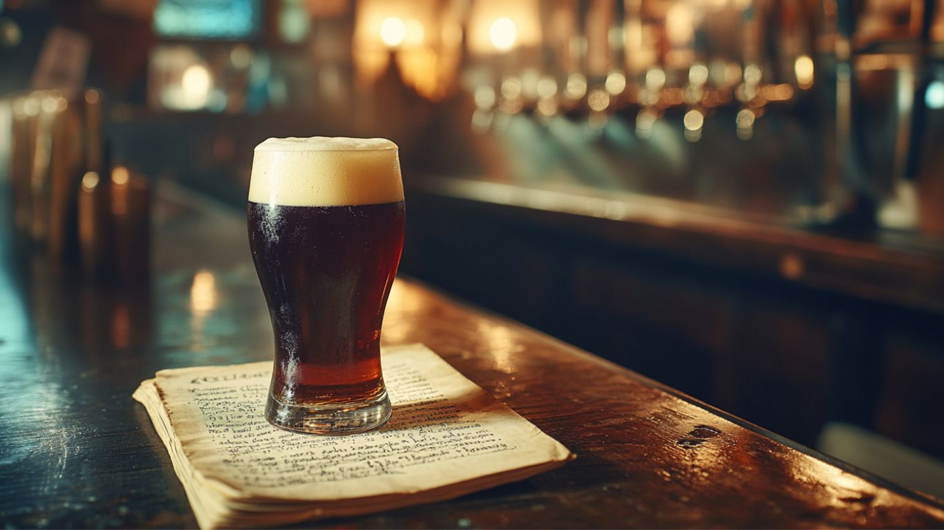 4 brown ales på et bord på en bar, barbord i baggrunden