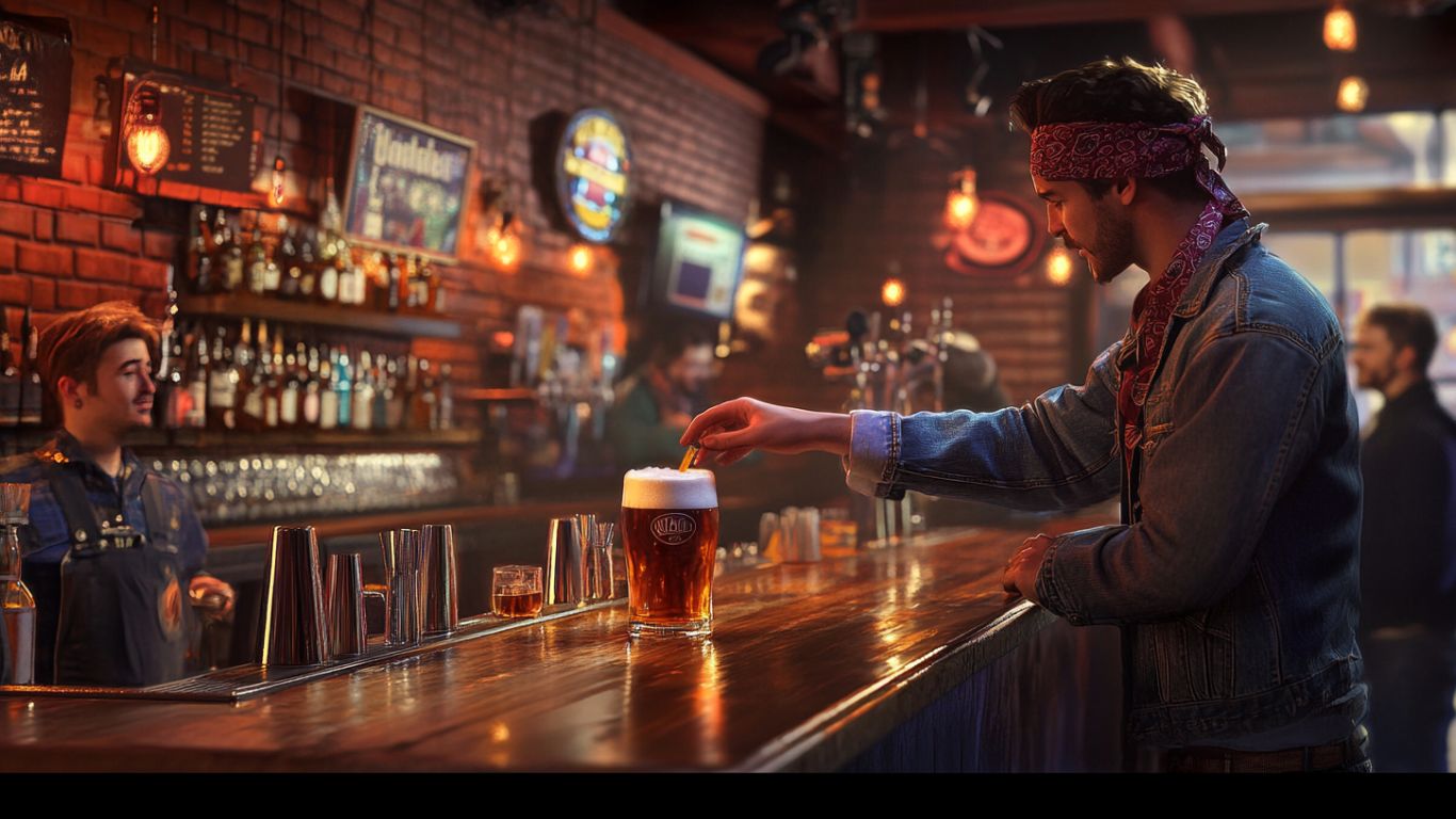 Animeret, mange mennesker, Brown Ales, amerikansk flag i baggrunden
