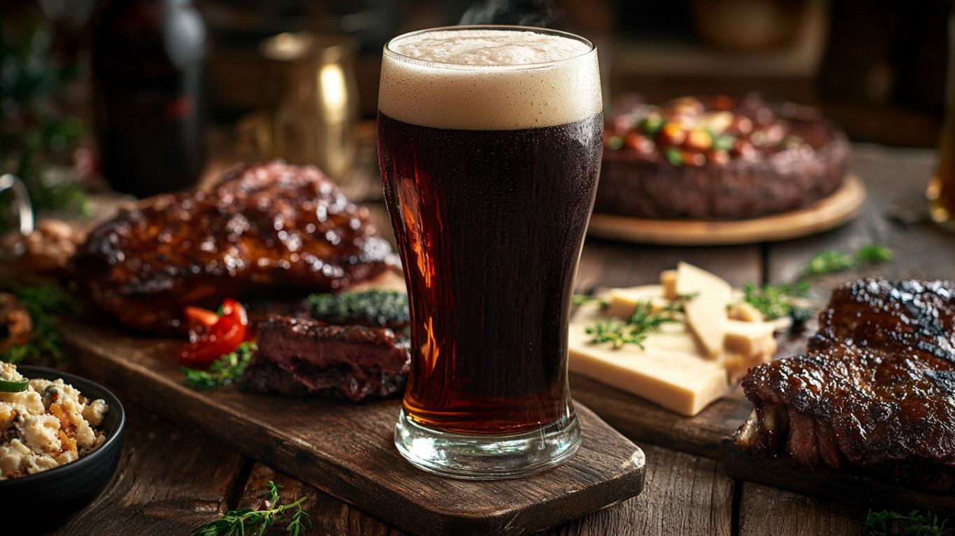 Et bord med brown ales og steaks, ost og grøntsager