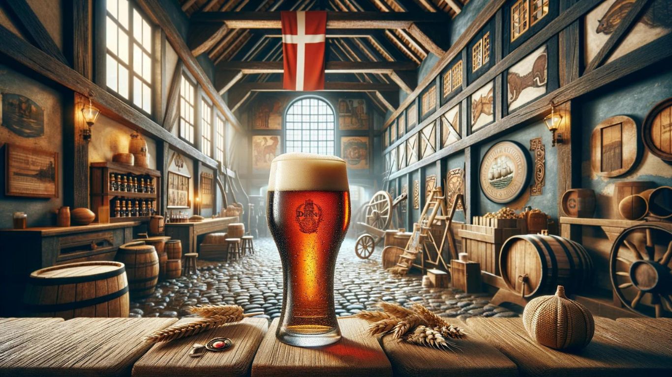 Gammelt opholdssted til øl, Dansk flag i toppen på en bjælke, Brown ale i glas på et bord forrest