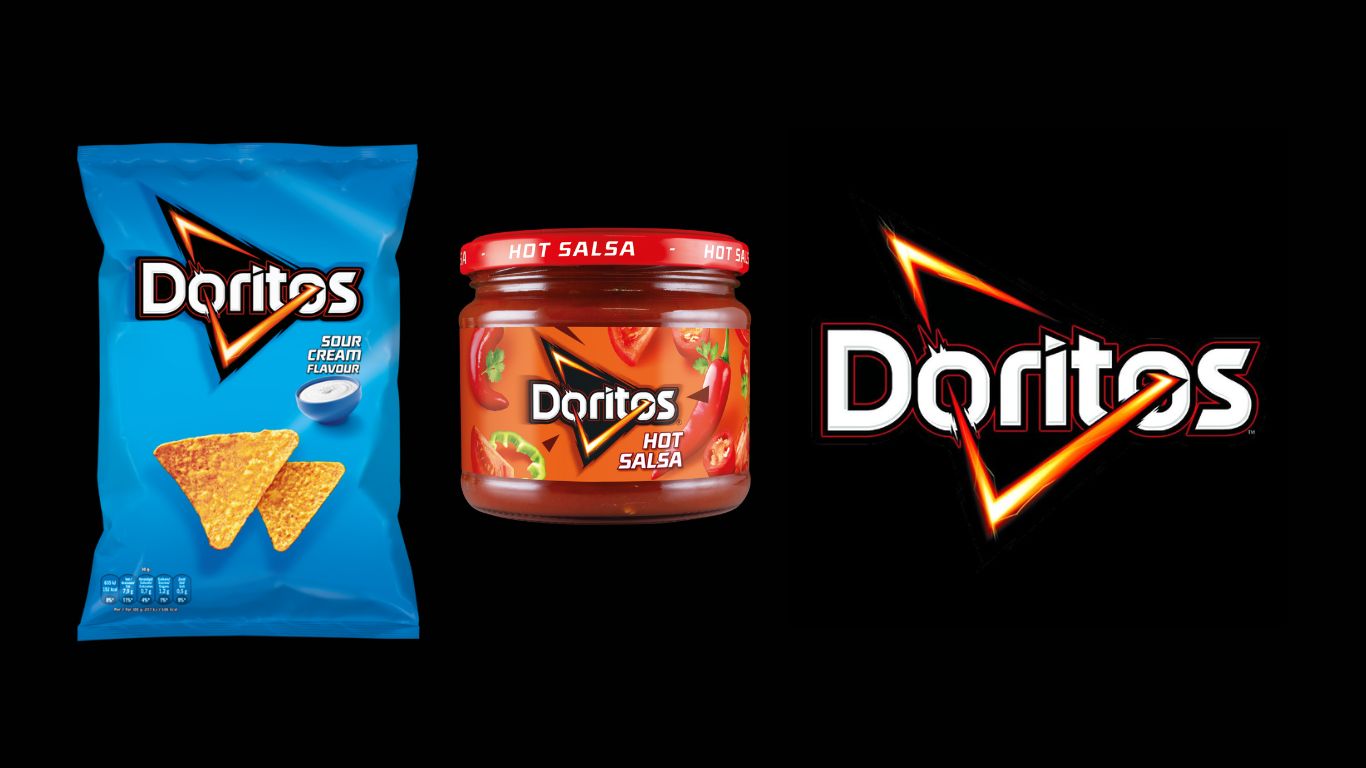 Pose med Doritos chips, dip og doritos logo på sort baggrund.