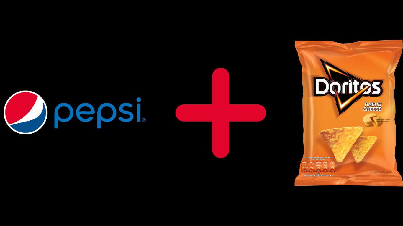 Pepsi logo og Doritos chips pose med sort baggrund.