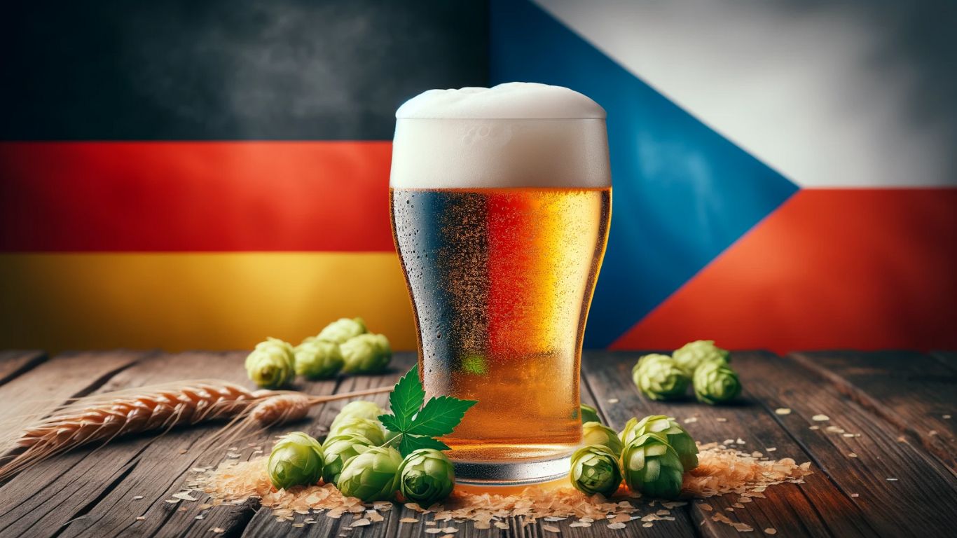 Tysk og tjekkisk flag som baggrund, bord i træ, humle, hvede, pilsner i glas i midten