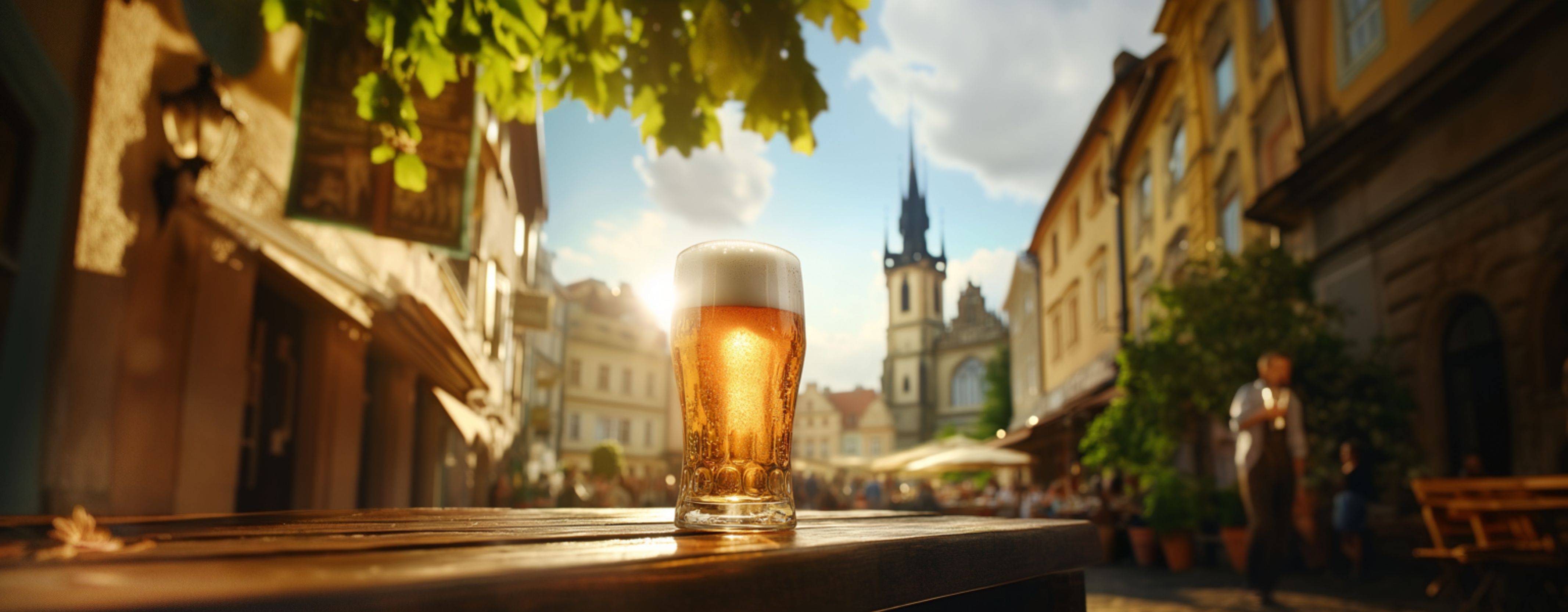 En række forskellige pilsnerøl er opstillet på en træoverflade med en grøn, frodig baggrund. Ølflaskerne inkluderer Odense Pilsner, Royal Pilsner, Ceres Top Pilsner, Thor Pilsner, Fuglsang Pilsner, Schiøtz Bohemian Pils og Nørrebro Pilsner.