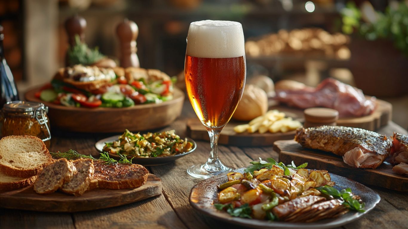 Restaurantbord, classic øl, skærebræt, mad 