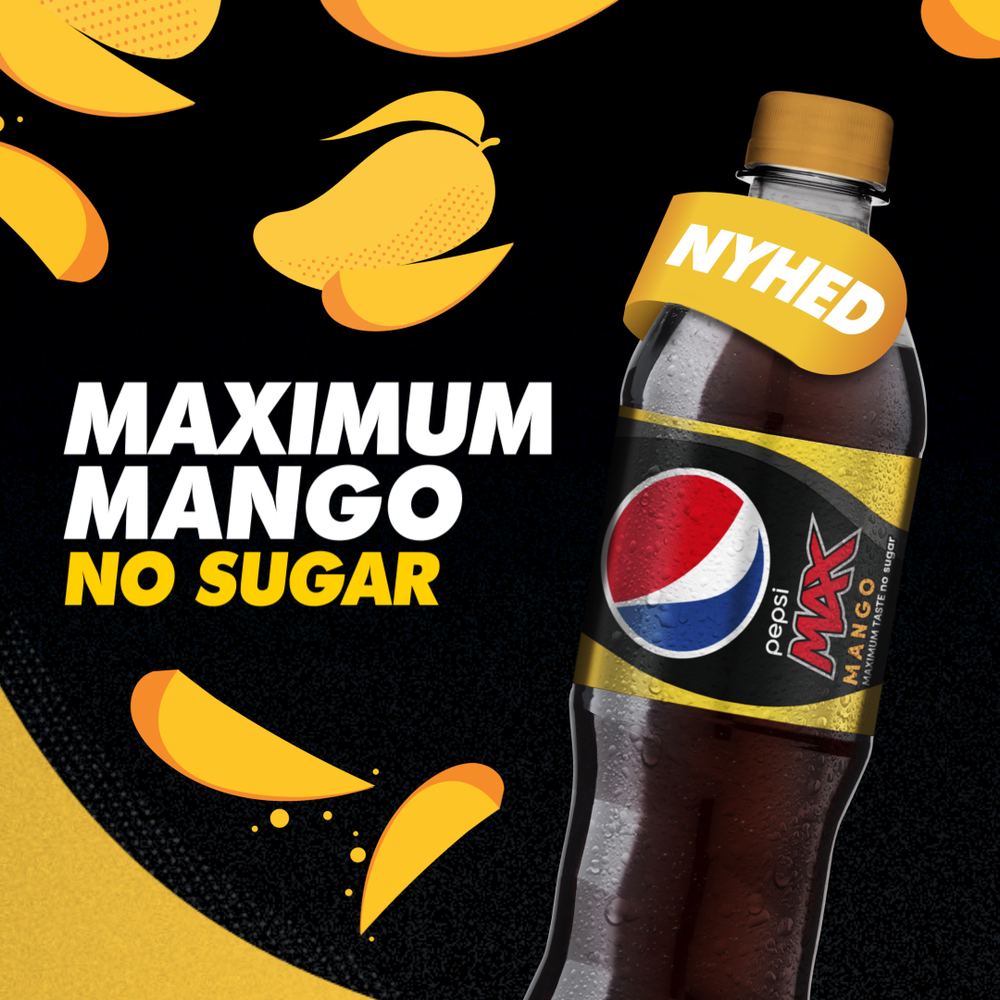 Pepsi Max mango flaske, nyhed rundt om flaskehalsen, gul og sort baggrund.