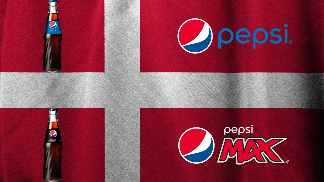 Dansk flag med Pepsi og Pepsi Max i lille glasflaske, i venstre side og pepsi og pepsi max logo i højre side.