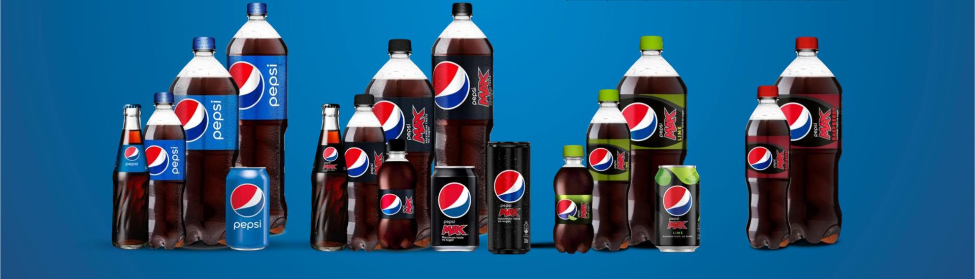 Pepsi varianter i alle størrelser og typer på række.