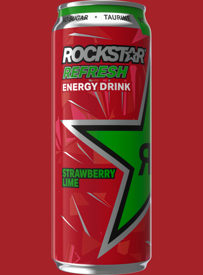 Rockstar Strawberry Lime dåse i midten med rød baggrund
