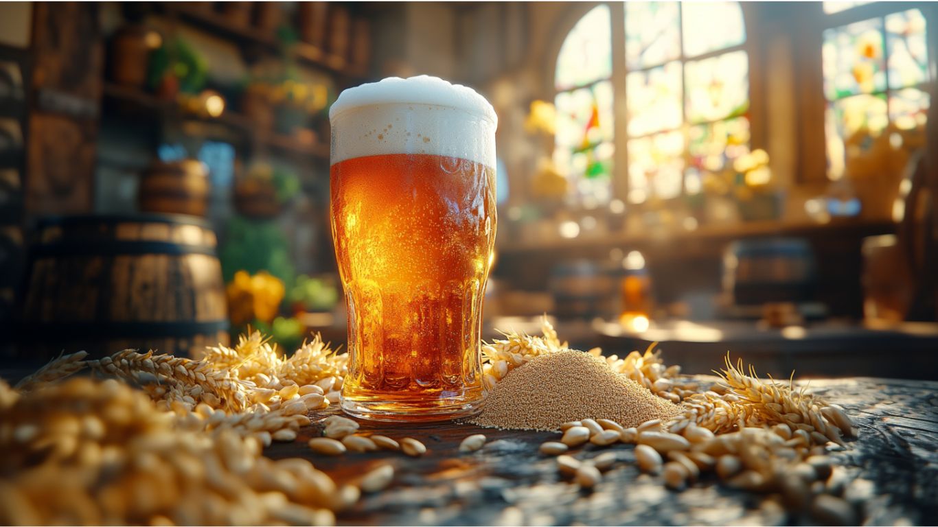 Et glas og en flaske Edelweiss Weissbier placeret foran et snedækket bjerglandskab med en solnedgang i baggrunden.