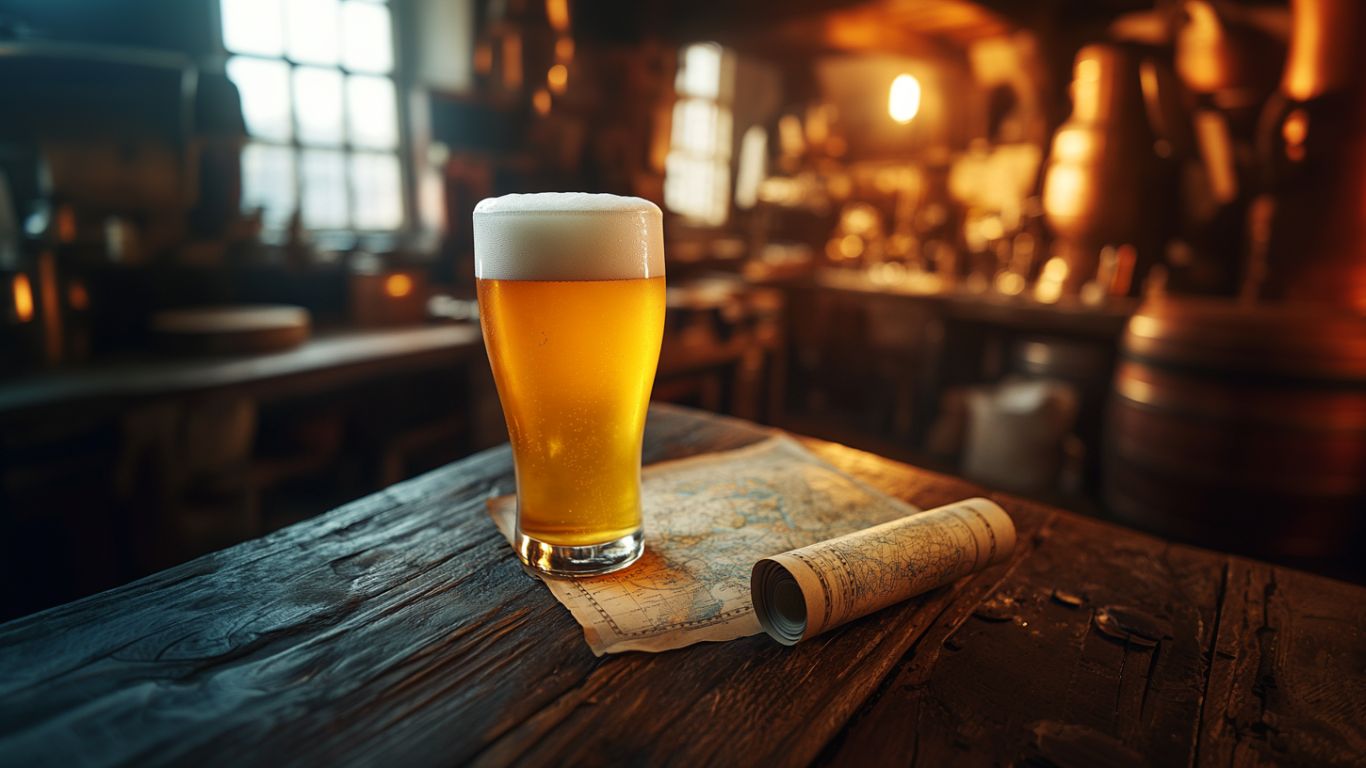 Forskellige glas fyldt med weissbier fra forskellige bryggerier opstillet på en stor trætønde. Baggrunden er mørk trævæg.